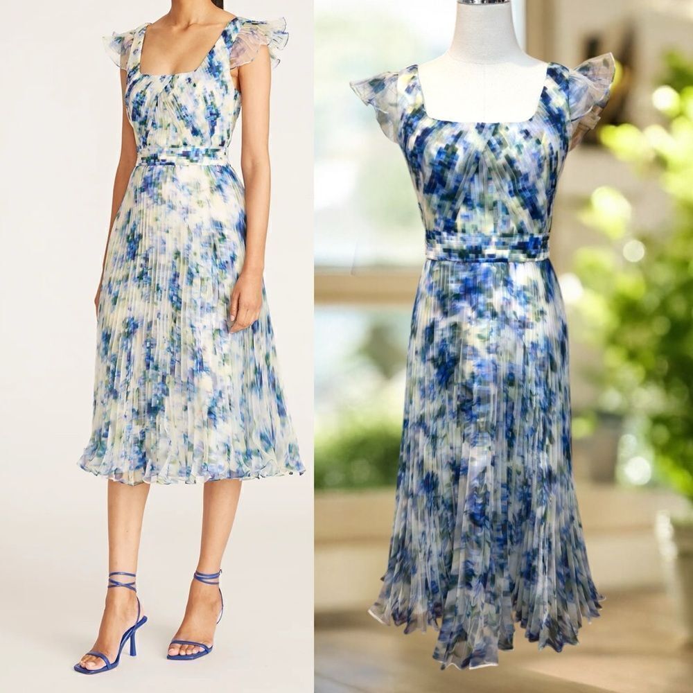 NWT Theia $745 Miriam Watercolor Floral Organza Tea Length MIDI Cocktail Dress